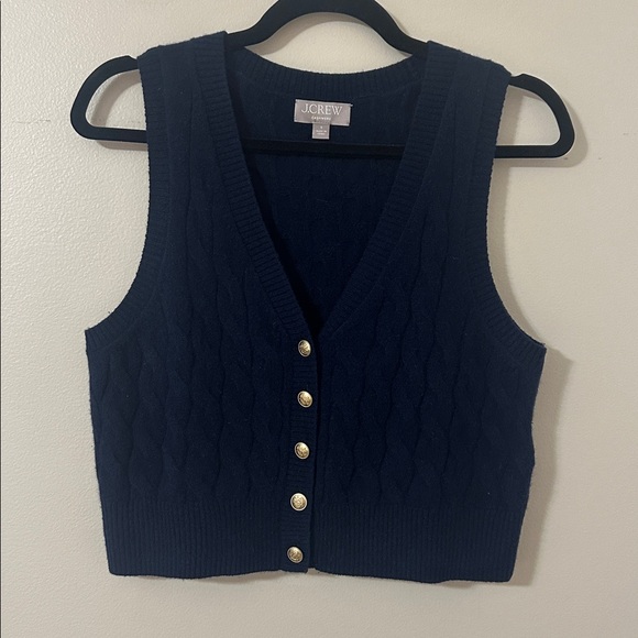 J. Crew Womens Navy Cashmere Cropped V-Neck Cable Knit Sweater Vest Sz Small - Picture 2 of 8